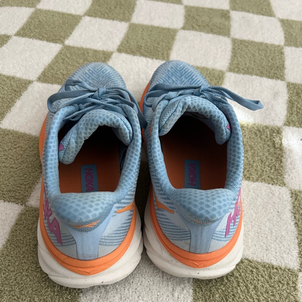 Hoka Clifton 9 Light Blue and Orange Athletic Running Shoes - Picture 3 of 7